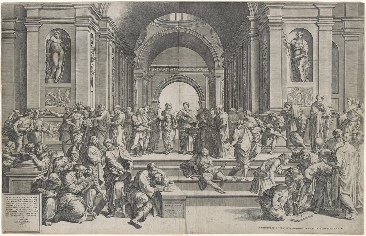 Skolen i Athen. Pub. 1550 av after Raphael