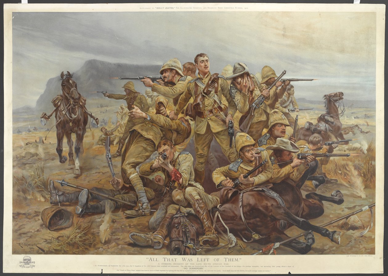 Alt som var igjen av dem, 17. Lancers nær Modderfontein, 17. september 1901 (farge chromolitho) av after Richard Caton II Woodville