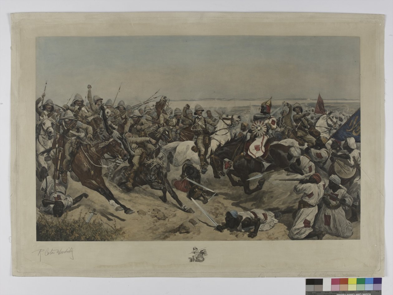 Anklagen om de 21. lanserne i slaget ved Omdurman, 1898 (farget fotogravyr) av after Richard Caton II Woodville
