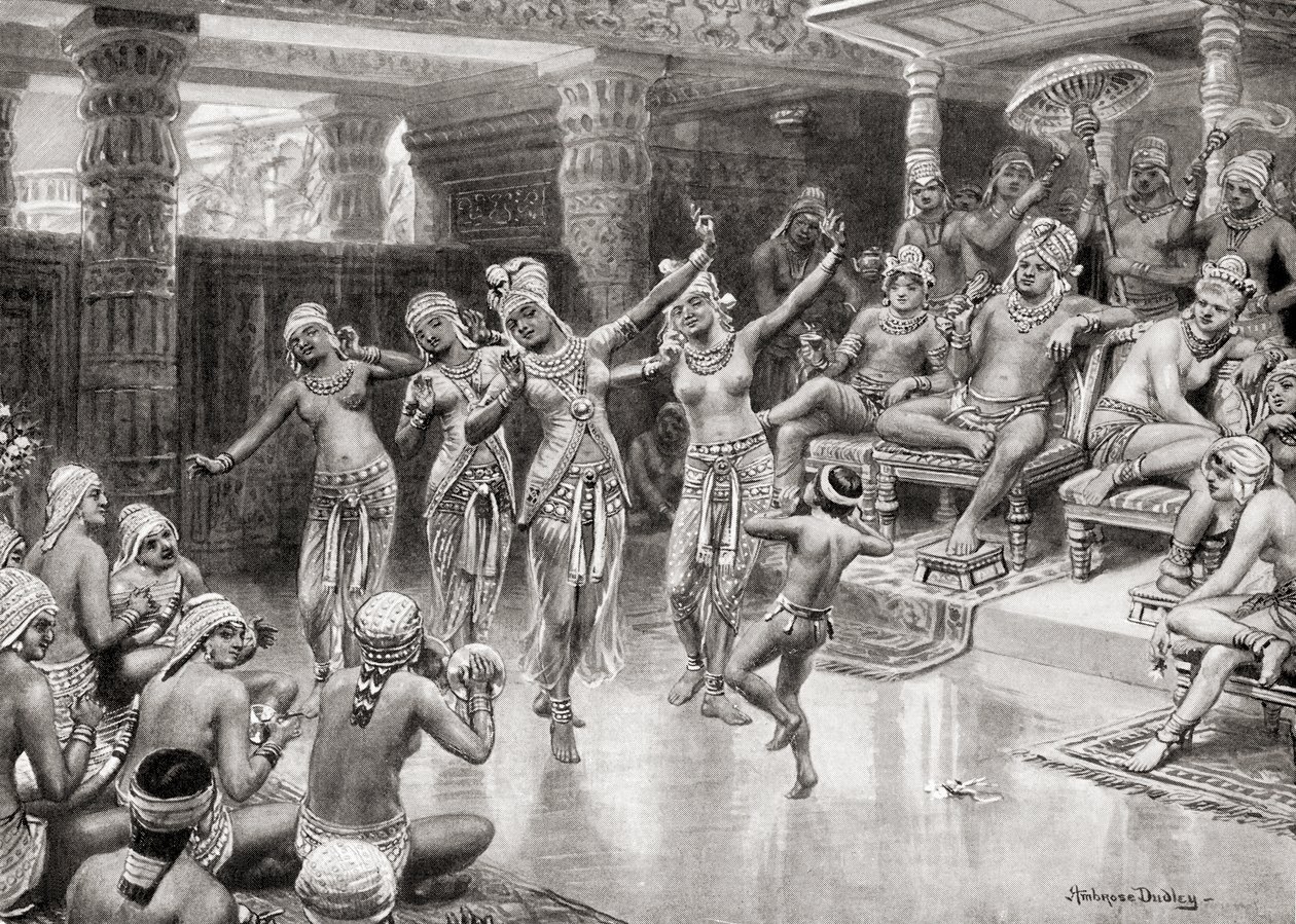 Et kunstnerinntrykk fra 1800-tallet av Gautamiputra Satakarani som feirer sin seier over Nahapana, fra Hutchinsons History of the Nations, pub.1915 av after Robert Dudley