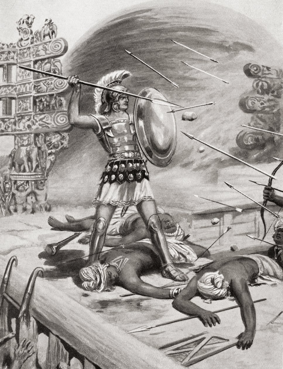 Alexander den store kjempet mot Assacani ved den befestede byen Massaga, India under hans indiske kampanje i 326 f.Kr., fra Hutchinsons History of the Nations, pub.1915 av after Robert Dudley