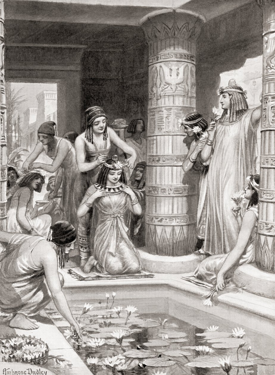 Gjester som ankom middag i det gamle Egypt fikk vann for å vaske føttene og hendene, salvet med duftende olje og kronet med blomsterkranser, fra Hutchinsons History of the Nations, pub av after Robert Dudley