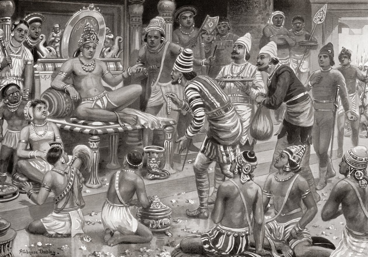 Pulakeshin II, Chalukaya, mottar utsendinger fra Persia ved Badami, fra Hutchinsons History of the Nations, pub.1915 av after Robert Dudley
