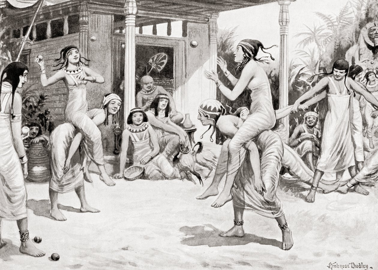 Unge jenter som spiller ball i form av en dans i det gamle Egypt, fra Hutchinsons History of the Nations, pub.1915 av after Robert Dudley