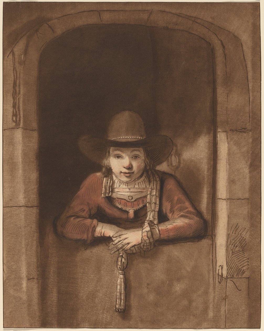 Gutt som lener seg over en nedre dør av after Samuel van Hoogstraten Cornelis Ploos