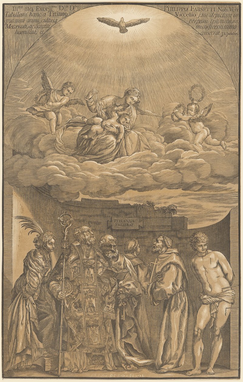 Jomfruen og barnet i skyene med seks hellige av after Titian John Baptist Jackson