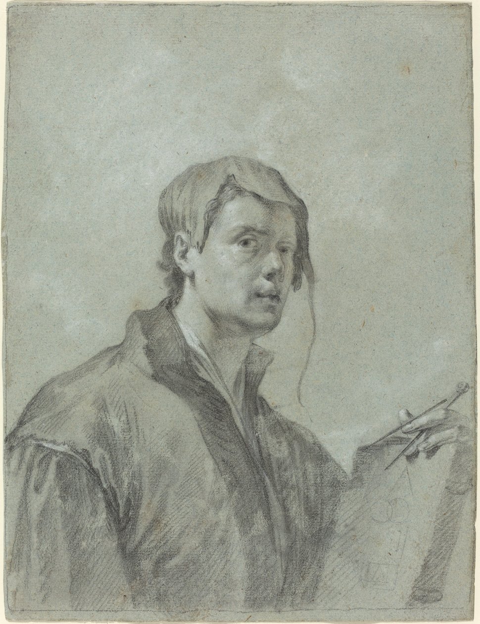 En kunstner som holder en bok og kompass av after Willem Drost