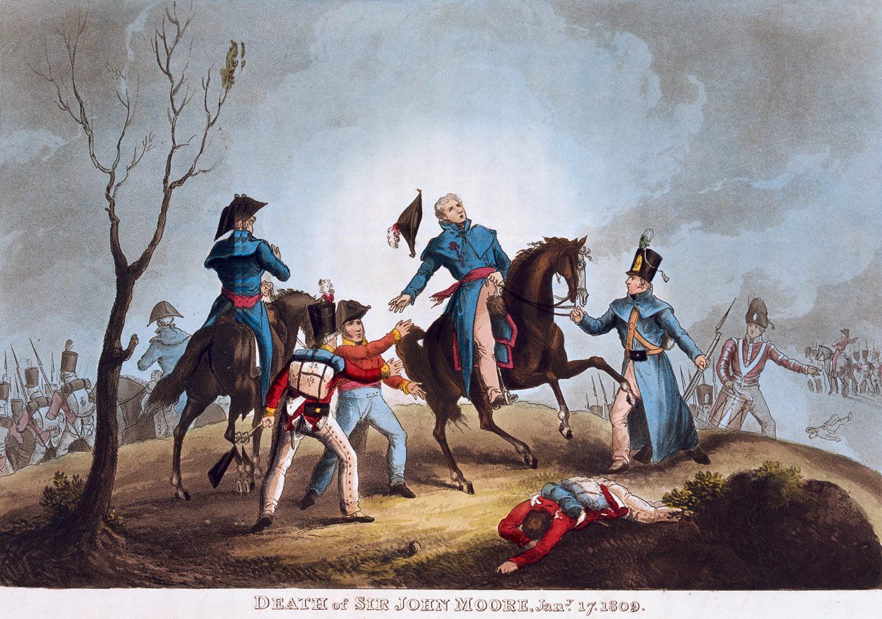 Sir John Moores død, 17. januar 1809 (farget akvatint) av after William Heath