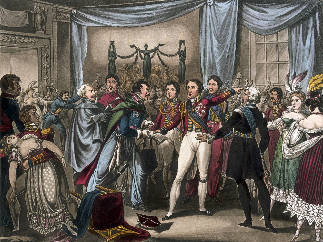 Intelligence of the Battle of Ligny, 1818 (farget akvatint) av after William Heath