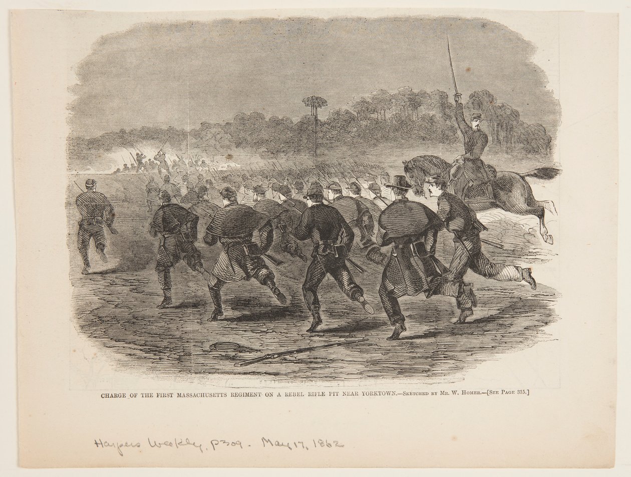Anklagen for det første Massachusetts-regimentet på en opprørsriflegrav nær Yorktown av after Winslow Homer