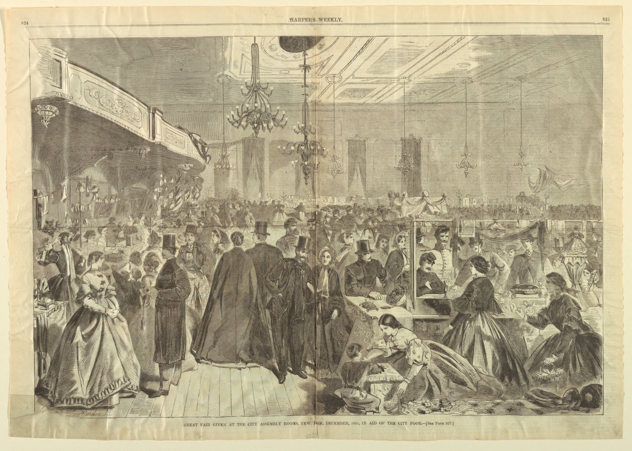 Stor messe gitt i City Assembly Rooms, New York, desember 1861, i Aid of City Poor, fra Harper