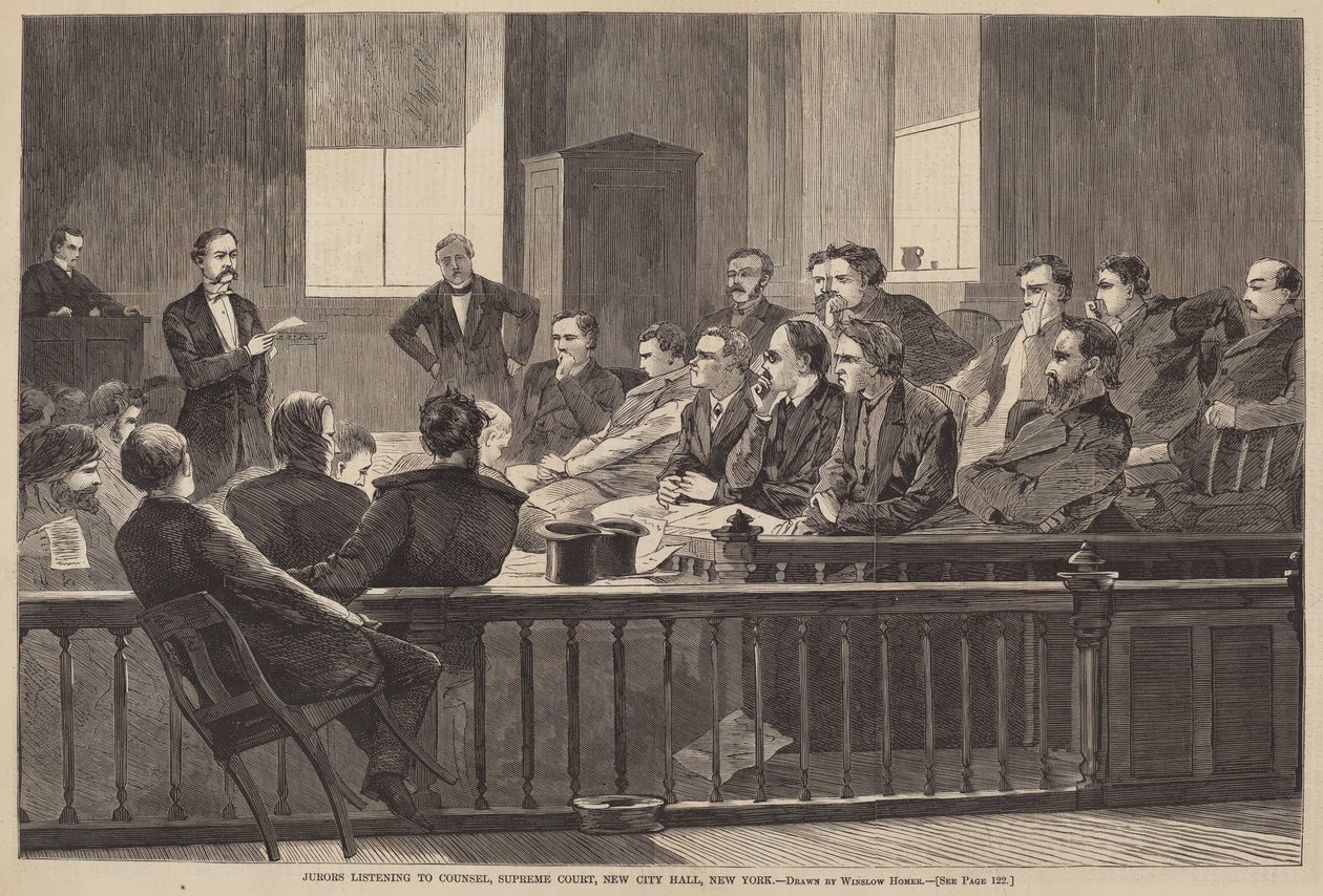Jurymedlemmer lytter til advokat, Høyesterett, New City Hall, New York av after Winslow Homer