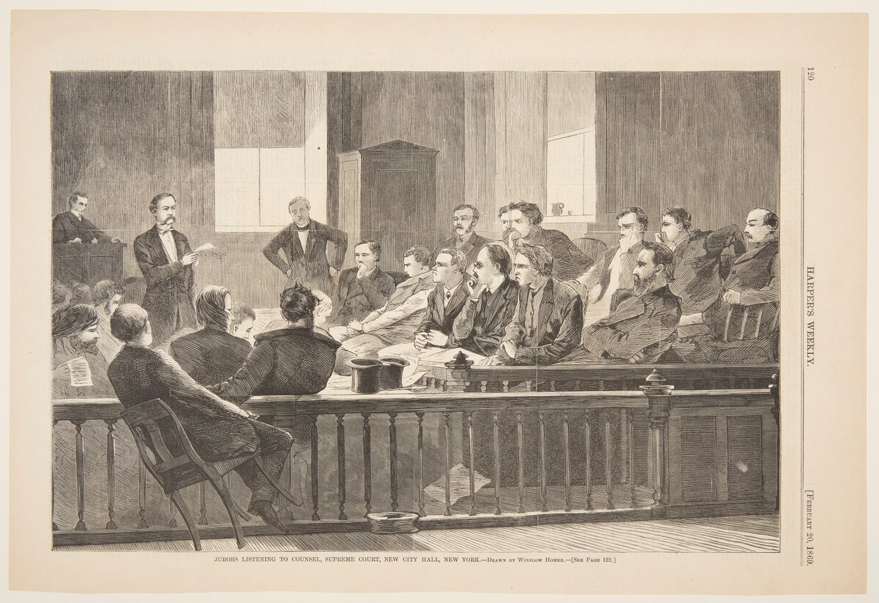 Jurymedlemmer lytter til advokat, Høyesterett, New City Hall, New York av after Winslow Homer
