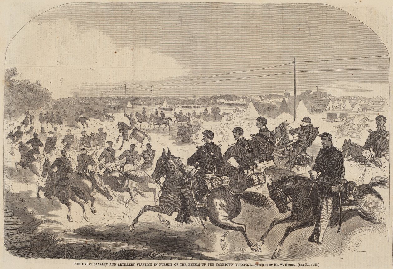 Unionskavaleriet og artilleriet starter i jakten på opprørerne oppover Yorktown Turnpike av after Winslow Homer