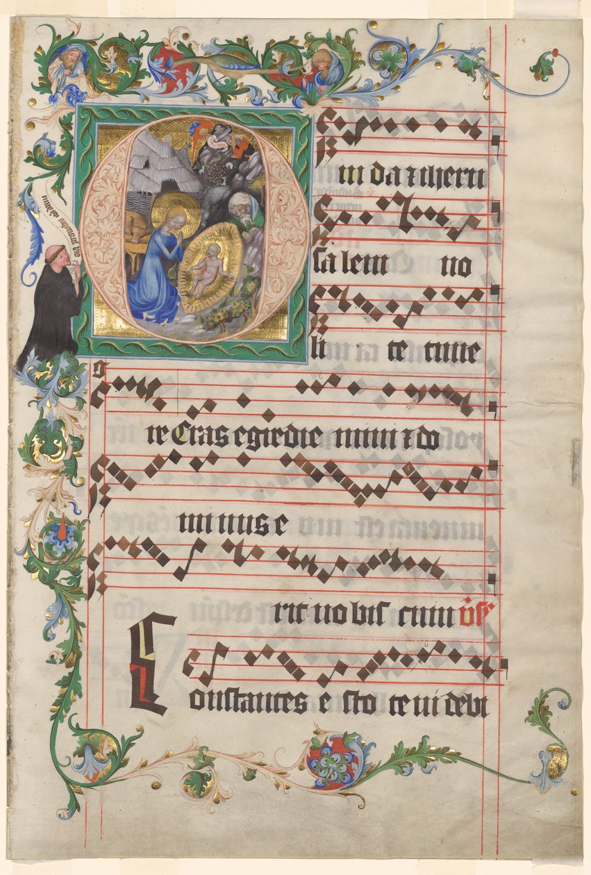 Bifolio fra et antifonarium: Historiert initial O med fødselen av after a work attributed to Zhou Wenju