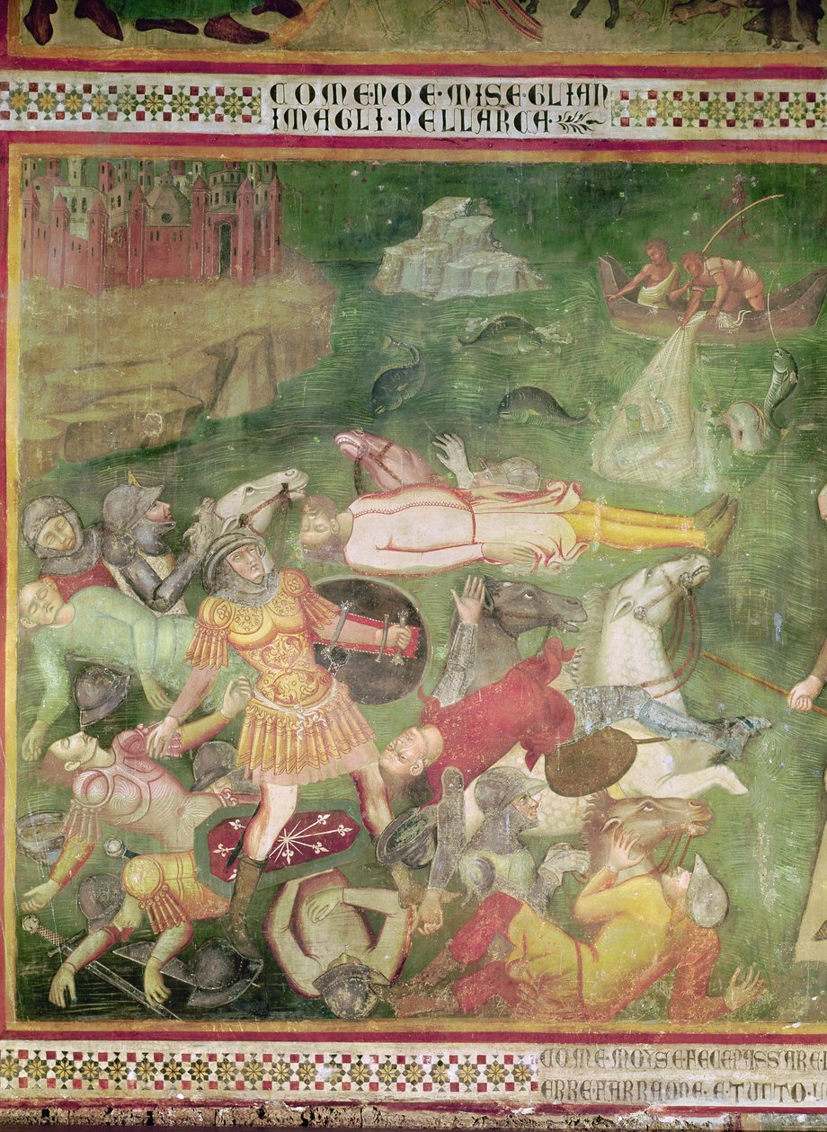 Krysser Rødehavet, detalj av farao som drukner med hæren sin, fra scener fra Det gamle testamente, 1356-67 av also Manfredi de Battilori Bartolo di Fredi