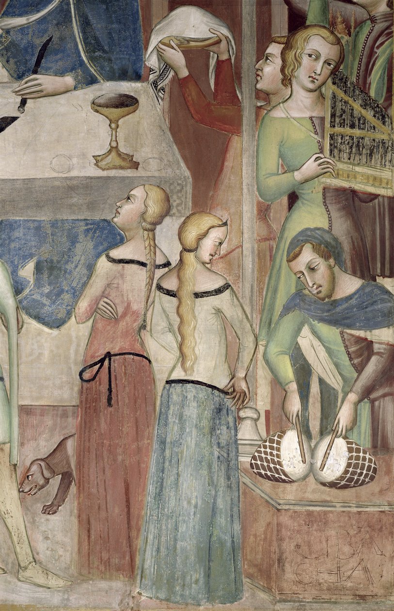 Satan ber Gud om å friste Job, detalj av musikere, 1356-67 av also Manfredi de Battilori Bartolo di Fredi