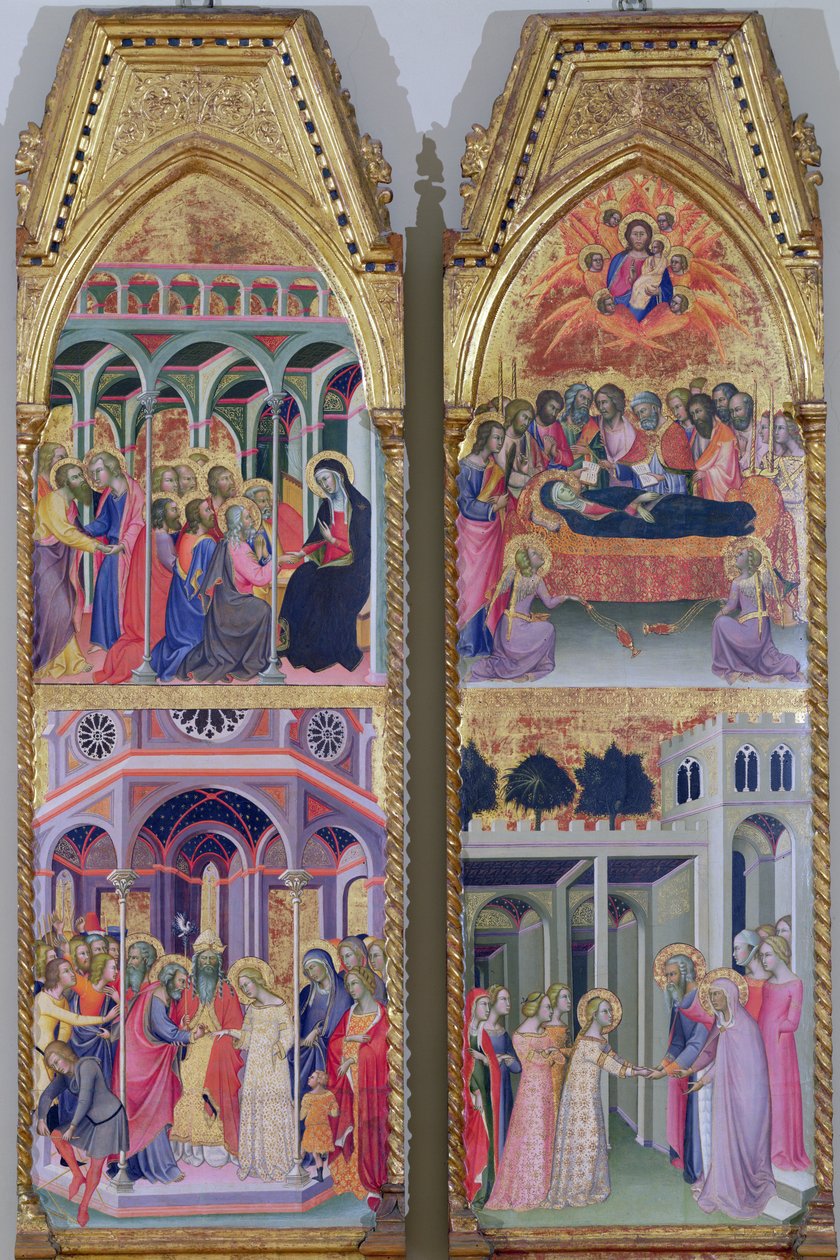 Triptych of the Coronation of the Virgin, venstre og høyre panel av also Manfredi de Battilori Bartolo di Fredi
