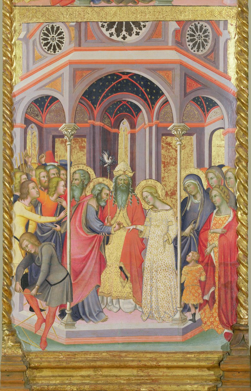 Triptych of the Coronation of the Virgin, venstre fløy som viser Jomfruens ekteskap av also Manfredi de Battilori Bartolo di Fredi