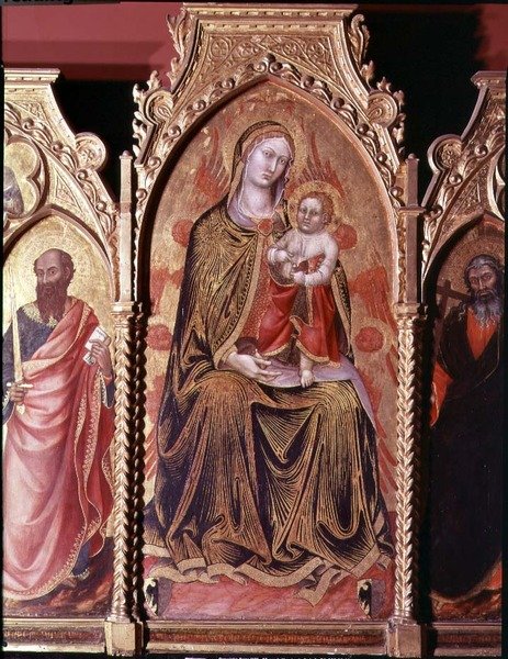 Altertavle av Gerard Cossassi degli Assi, detalj av sentralpanelet som viser The Madonna and Child Enthroned (olje på panel) av also Manfredi de Battilori Bartolo di Fredi