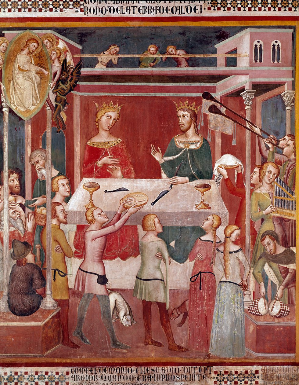 Hvordan demonen ba Gud prøve Job på tidspunktet for hans velstående fresco av Bartolo di Fredi (eller Manfredi De Battilori) (1330-1410) Collegiale de San Gimignano Italia av also Manfredi de Battilori Bartolo di Fredi