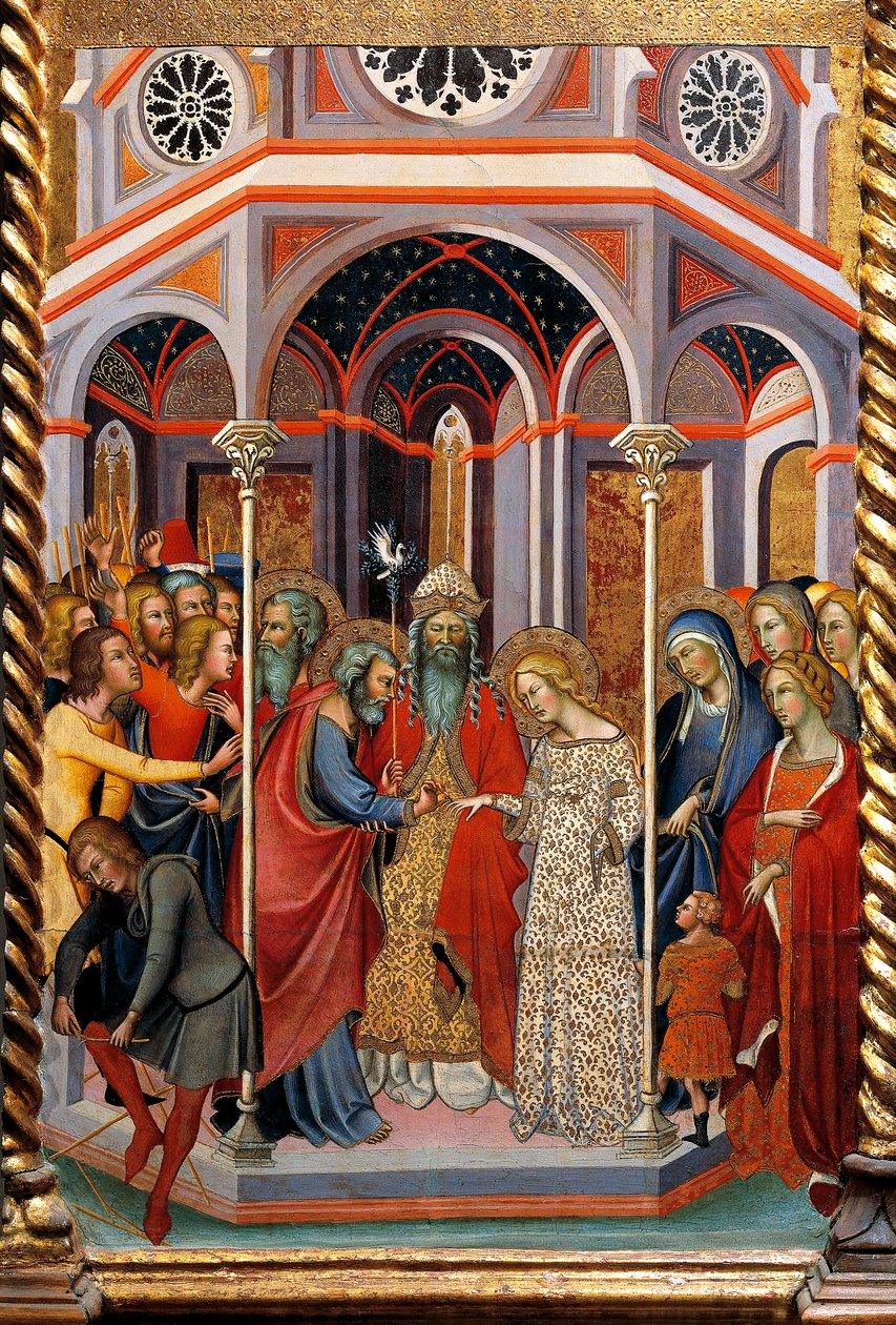 Marriage of Virgin, detalj av altertavlen som viser Stories of Virgin av Bartolo di Fredi (1330-1410) av also Manfredi de Battilori Bartolo di Fredi