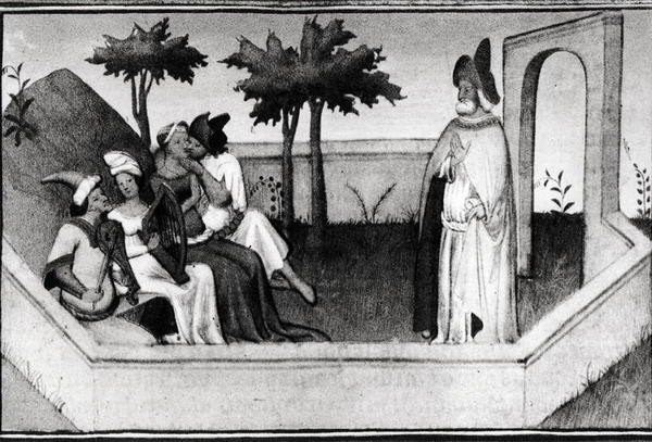 Fr 2810 Hvordan den gamle mannen fra fjellene mottok tilhengerne i hagen, fra Livre des Merveilles du Monde, ca. 1410-12 av and workshop Boucicaut Master