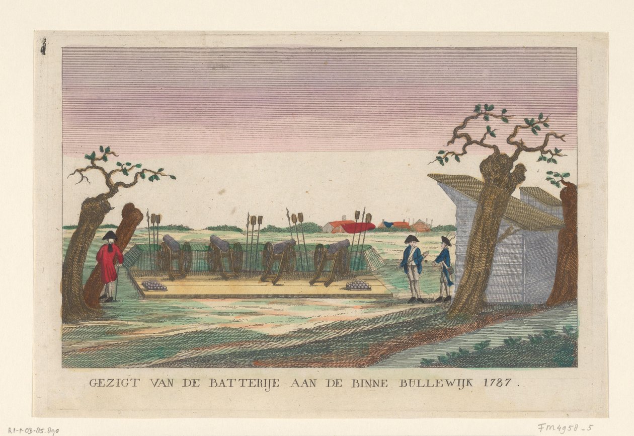 Batteri ved Binnen Bullewijk, 1787 Utsikt over batteriet ved Binne Bullewijk 1787 (tittel på objekt) Batterier rundt Amsterdam i 1787 (tyske kopier) (serietittel) av anonymous (attributed to)