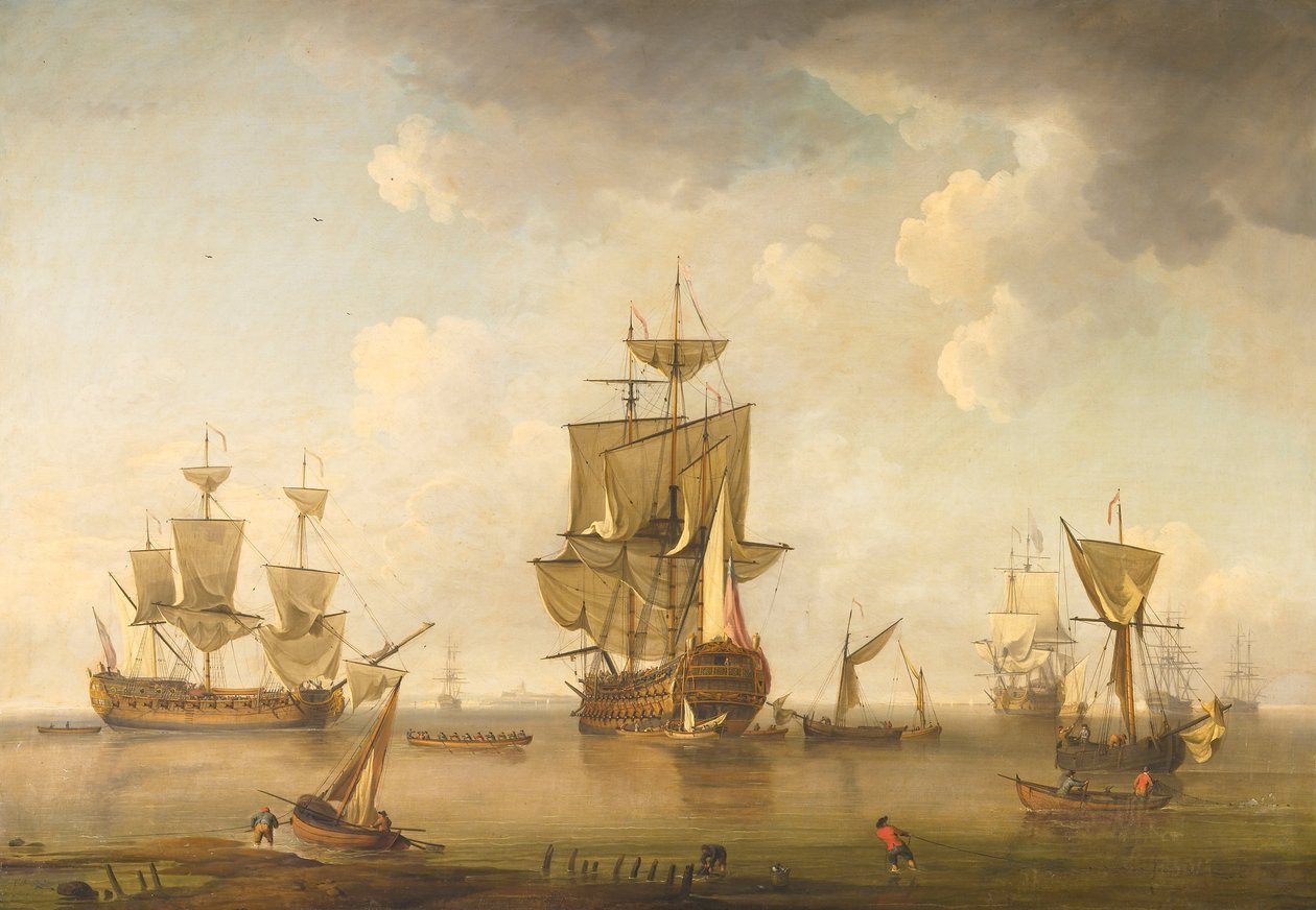 Men of War in Harbour av attributed to Charles Brooking