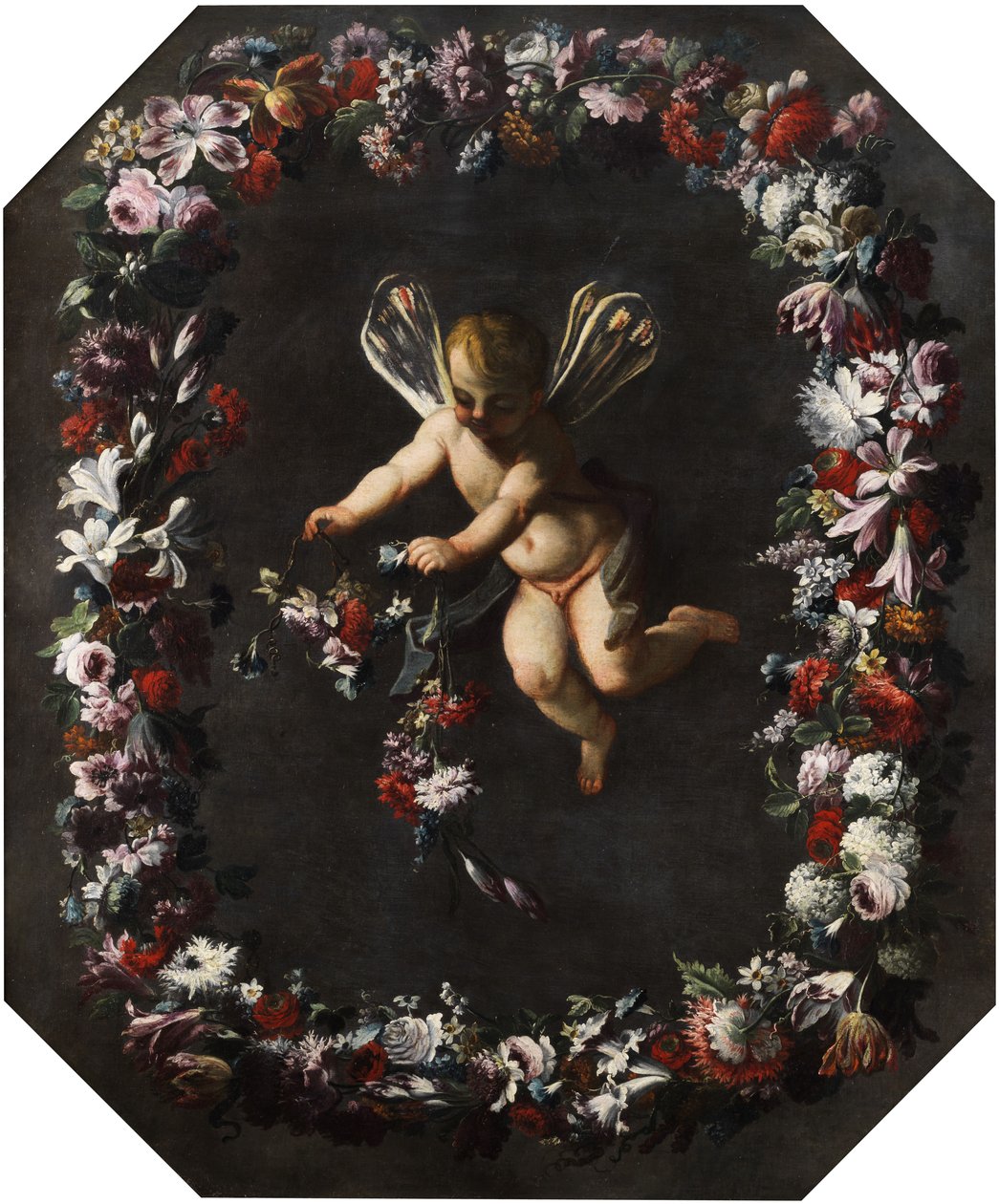 Putto med øyenstikkervinger i en blomsterkrans. Olje på lerret. 191 x 161 cm av attributed to Giovanni Stanchi Dei Fiori