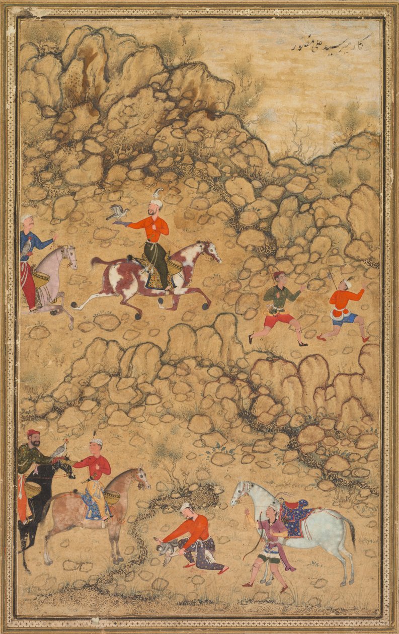 Jakt med falker i et landskap; Verso: Kalligrafi av Chaghatai tyrkiske dikt til lovprisning av vin, Sultan Muhammad Nur (persisk, ca. 1472–1536) og Mirza Muhammad (sannsynligvis persisk, aktiv ca. 1520-tallet) av attributed to Abd al Samad (Persian, c. 1510–1600)