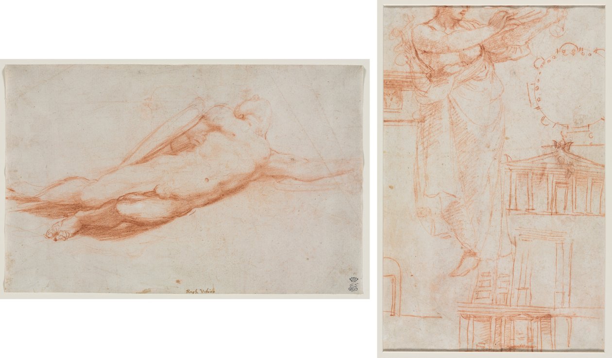 Studie av en fallen soldat (muligens omvendelsen av Saul) (recto); En drapert kvinneskikkelse (muligens en Amazonas) og arkitektoniske studier (verso) av attributed to Correggio
