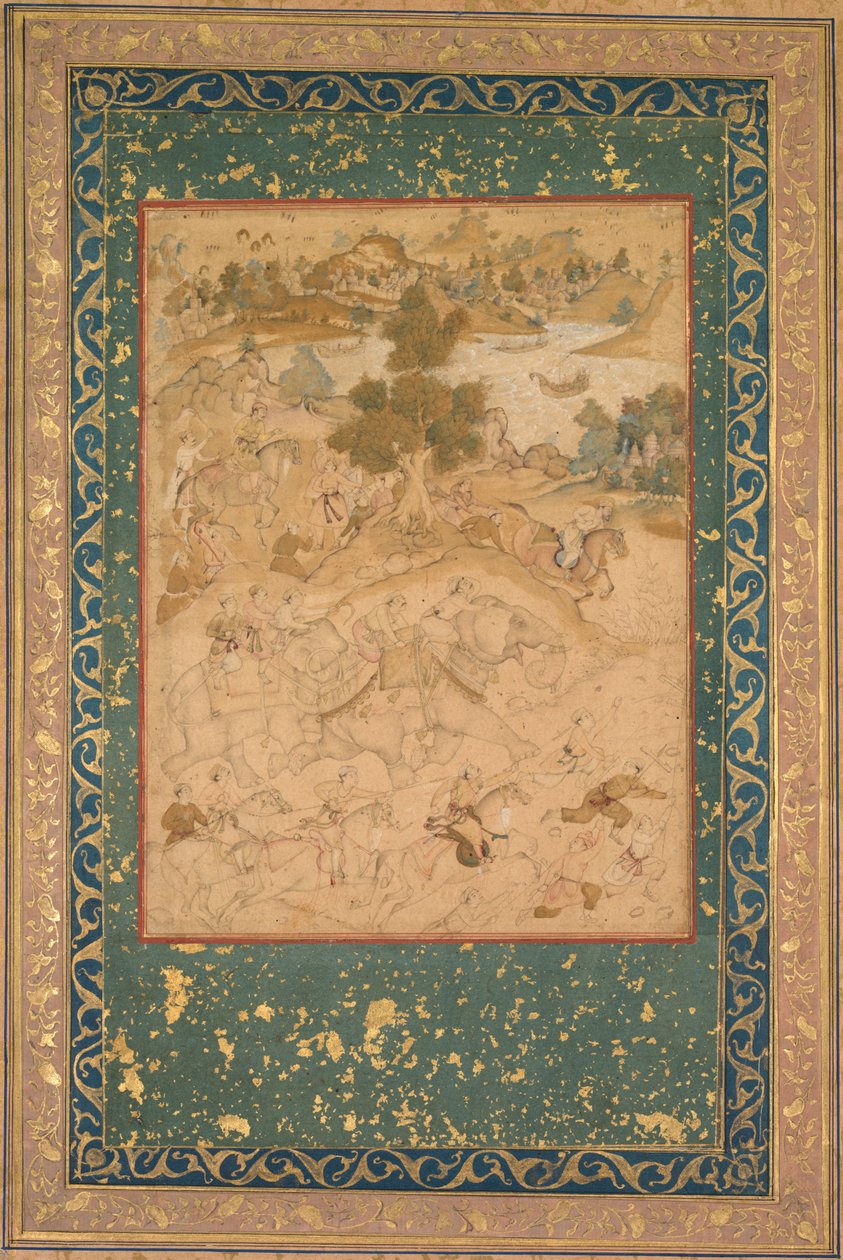Akbar overvåker fangsten av ville elefanter ved Malwa i 1564, og maler 90 fra en Akbar-nama (bok av Akbar) av Abu