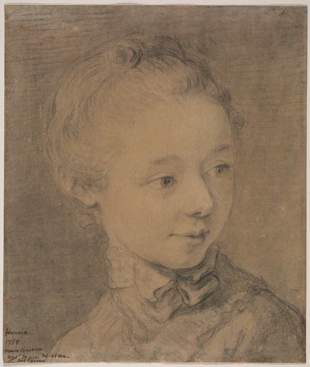 Hodet til en ung jente som snur seg mot høyre av attributed to François Hubert Drouais