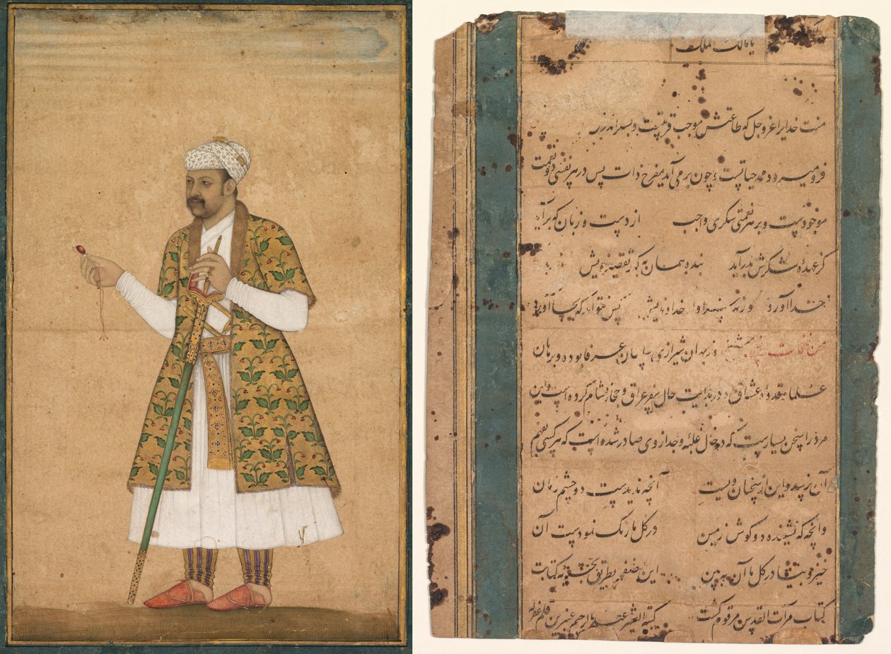 En hoffmann, muligens Khan Alam, holder en spinell og et Deccan-sverd av attributed to Govardhan
