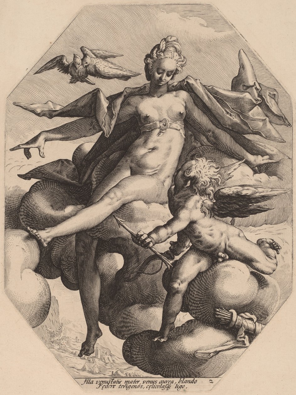 Venus og Amor av attributed to Jacob Matham, after Hendrick Goltzius