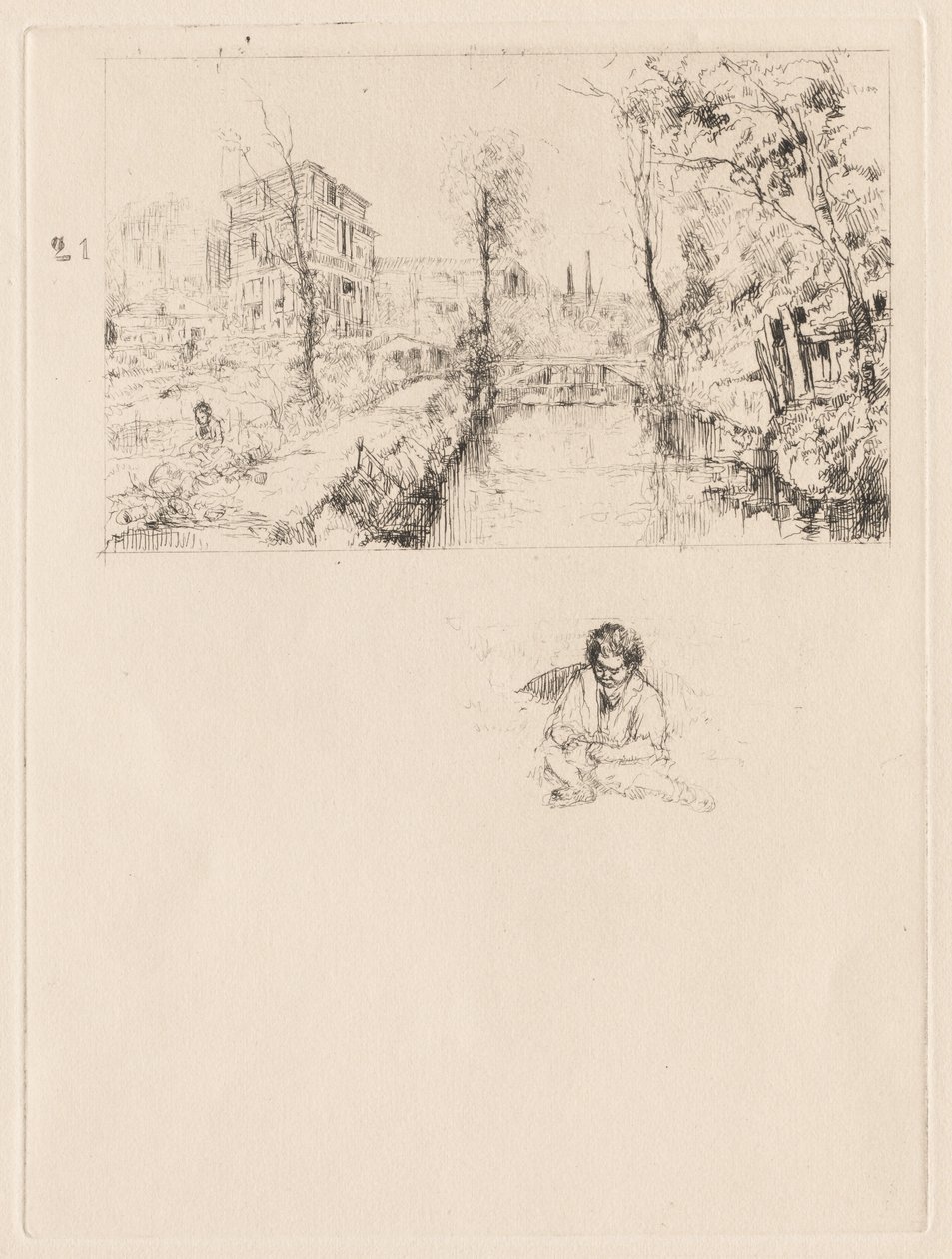[Landskap med bro og barn] av attributed to Jean Louis Richter