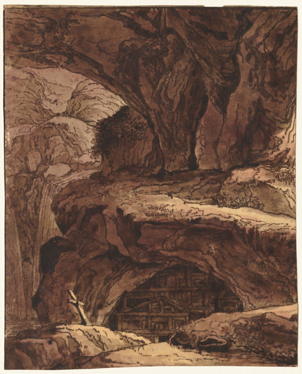 Steinete landskap med et hulekapell av attributed to Johann Martin von Rohoden