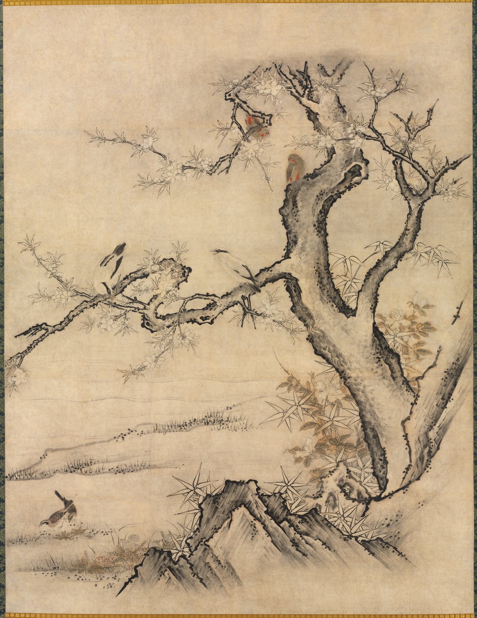 Blomster og fugler i et vårlandskap av attributed to Kano Motonobu