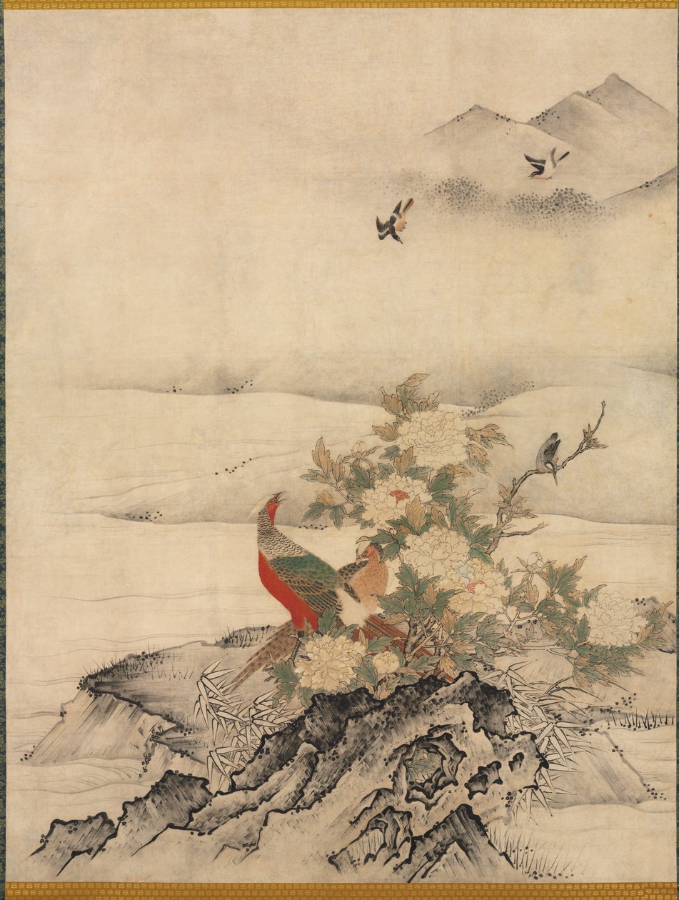 Blomster og fugler i et vårlandskap av attributed to Kano Motonobu
