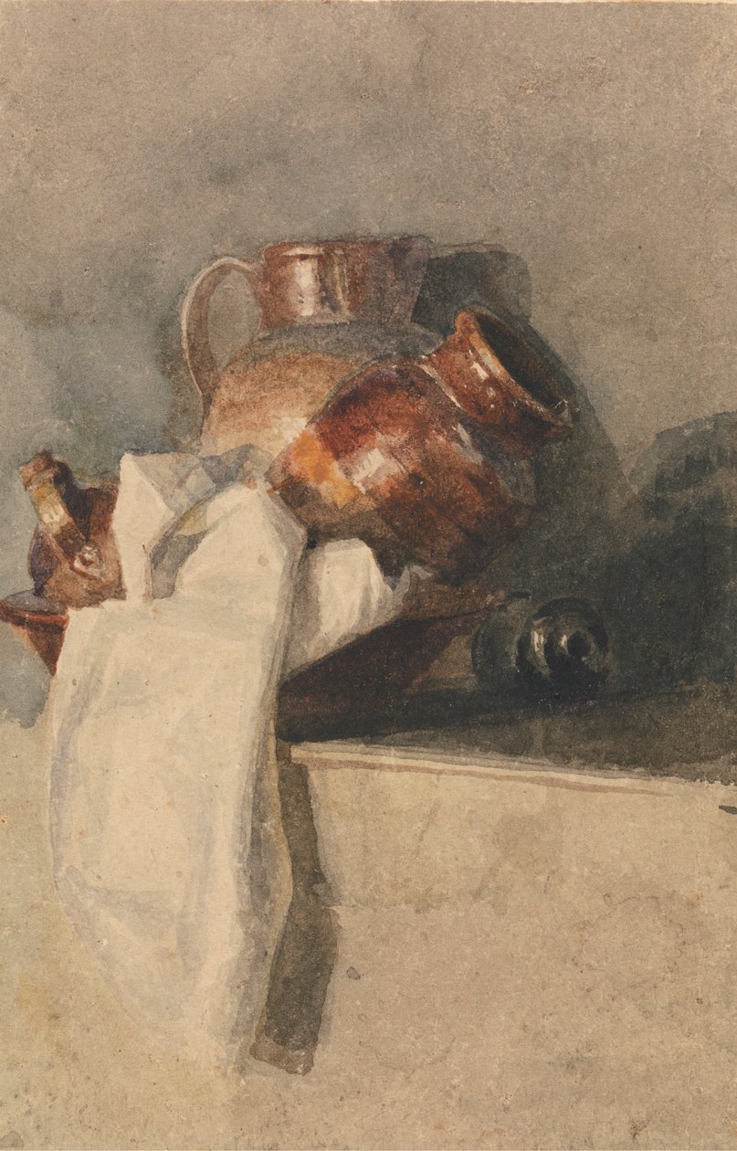 Stilleben med mugger på en hylle av attributed to Peter DeWint