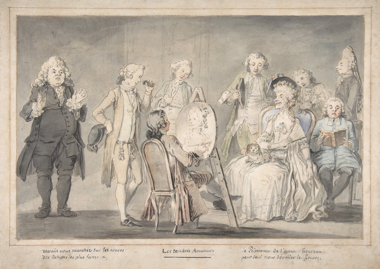 Satirisk tegning: Artist Painting an Old Lady's Portrait, 1729-1804. av attributed to Pietro Antonio Novelli.