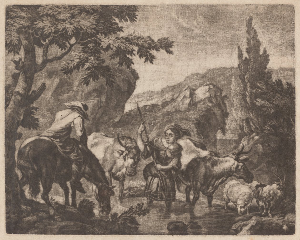 Storfe som går en bekk av attributed to Robert Robinson,after Nicolaes Pietersz Berchem