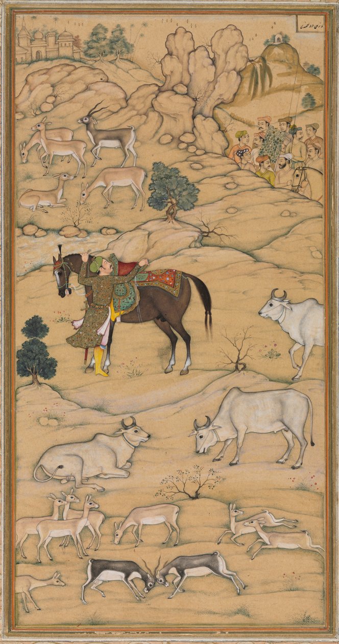 Akbar monterer sin hest; side fra Chester Beatty Akbar Nama (Akbars historie) av attributed to Sur Das Gujarati