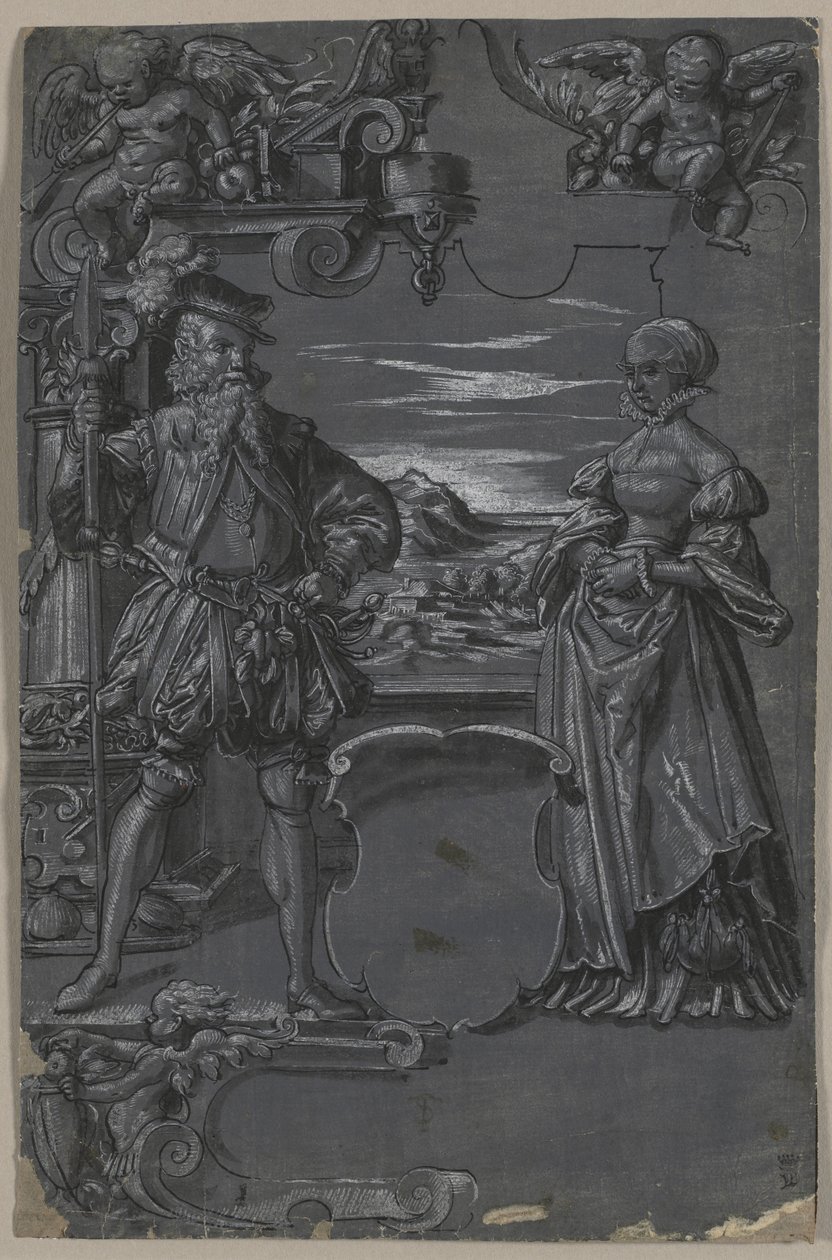 Design for glassmaleri: mann og kvinne i arkitektoniske omgivelser av attributed to Tobias Stimmer