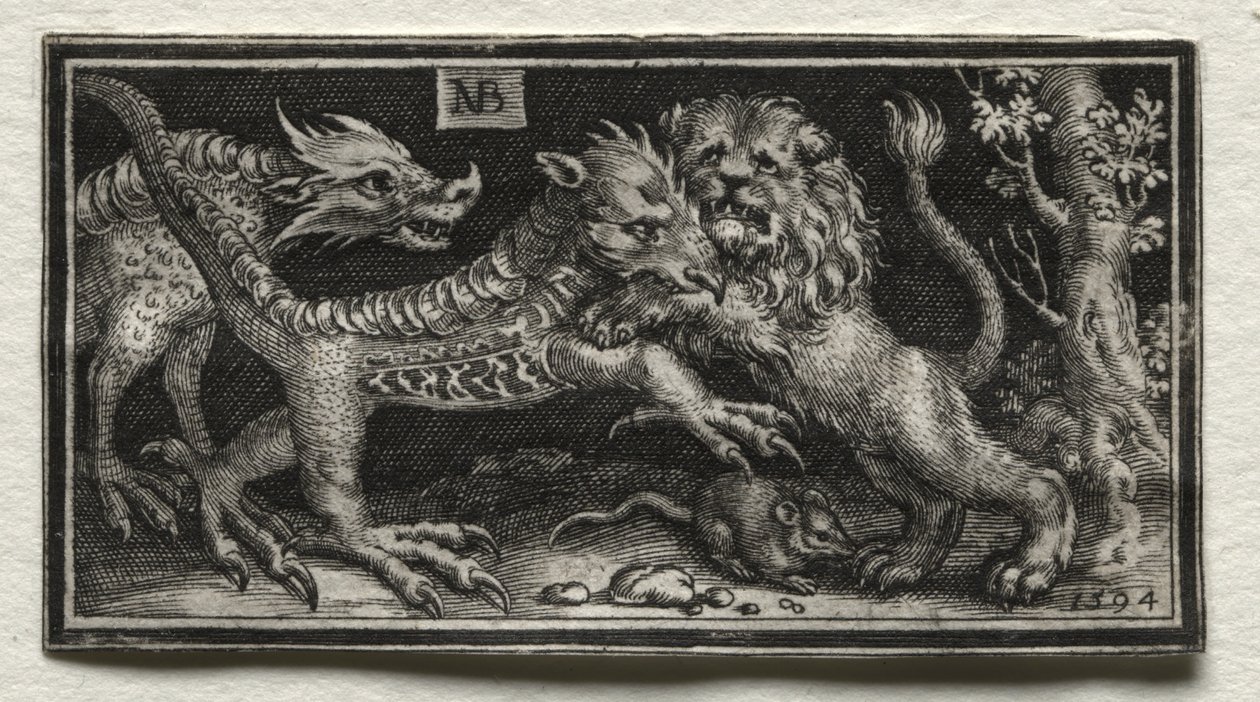 Løve som kjemper mot to dyr av attributed to Tobias Stimmer