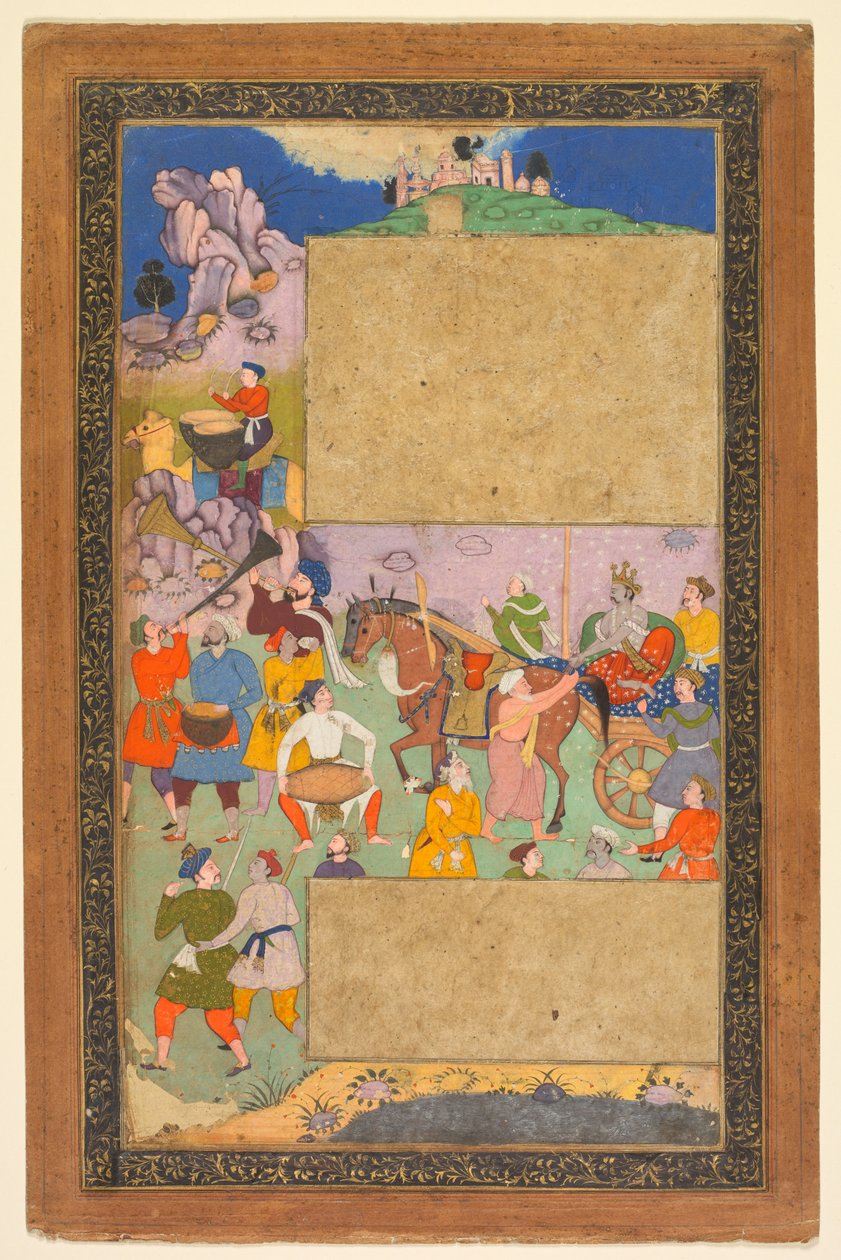 En vognfører som kjører gjennom et steinete landskap med et følge av fotfolk og musikere, side fra en Razm-nama (Book of Wars) tilpasset fra sanskrit Mahabharata og oversatt til persisk av Mir Ghiyath al-Din Ali Qazvini, kjent som Naqib Khan (persisk av attributed to Yusuf Ali