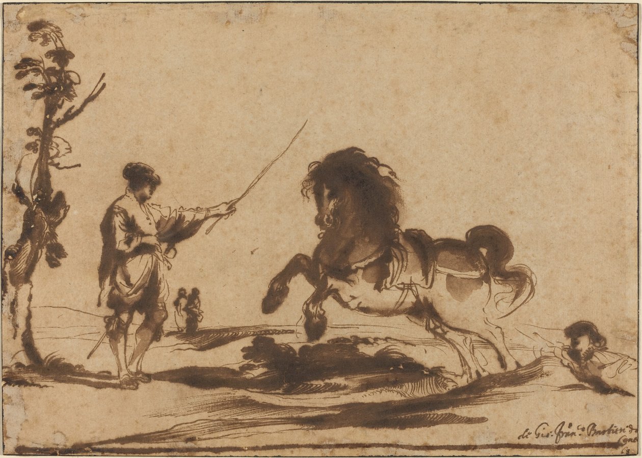 Landskap med temming av en hest av called Guercino Giovanni Francesco Barbieri
