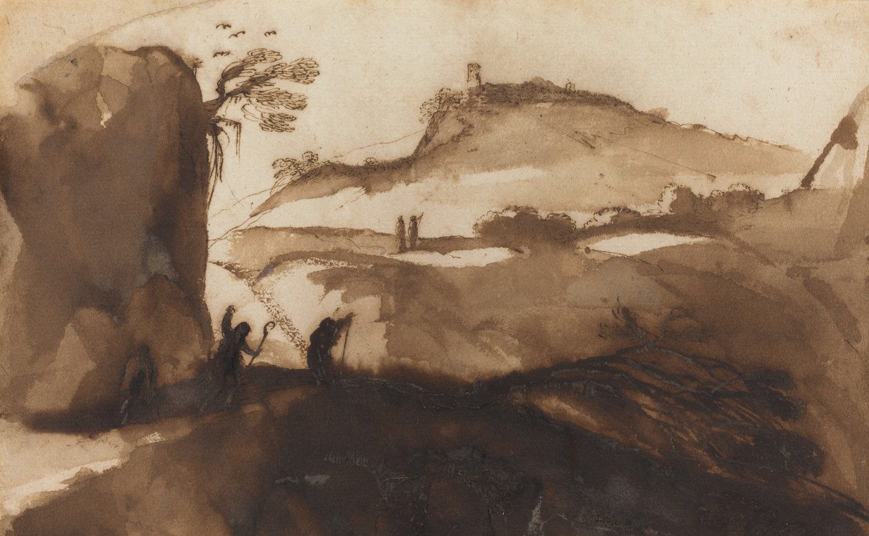 Hyrder ser inn i en kløft av called Guercino Giovanni Francesco Barbieri
