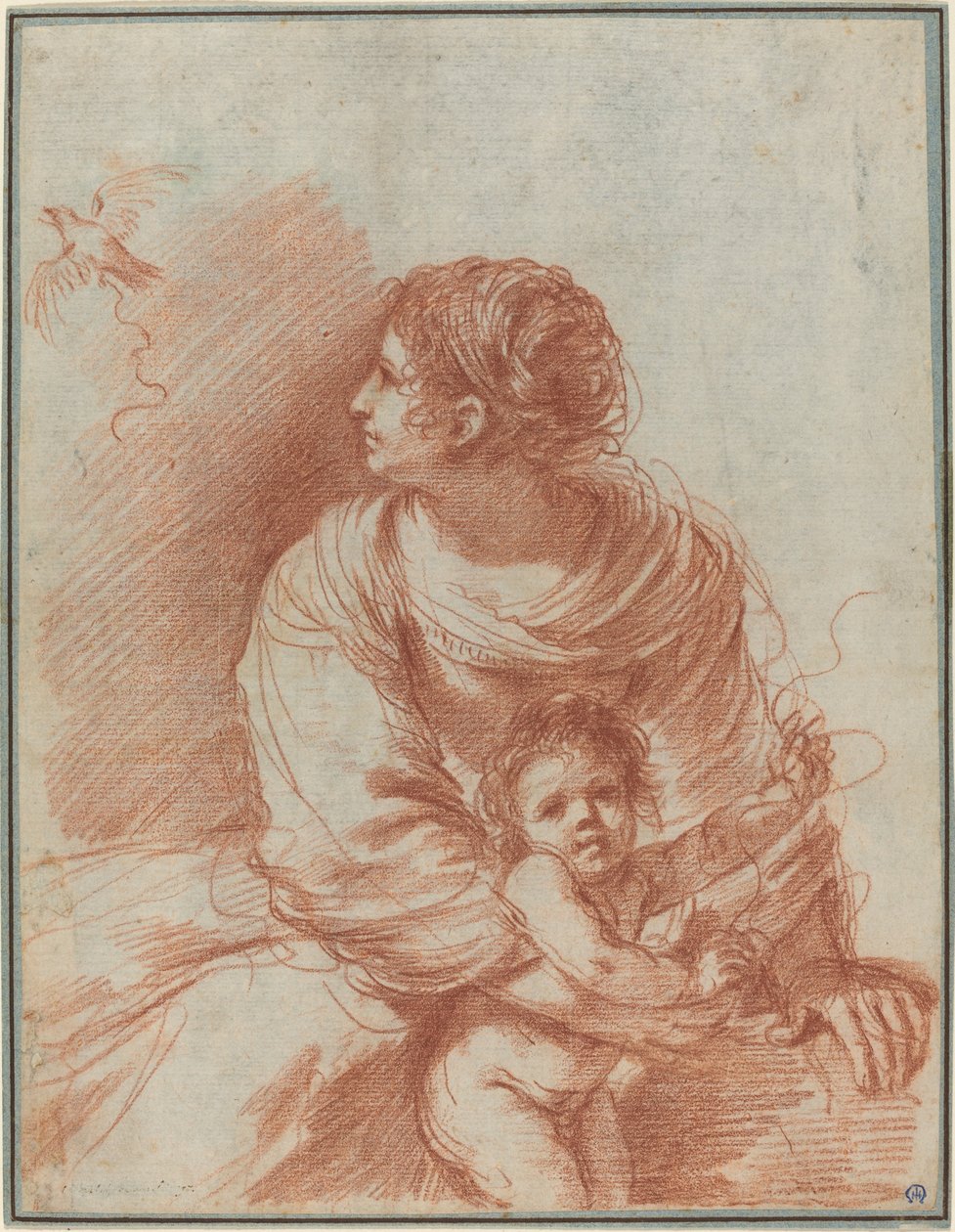Madonnaen og barnet med en rømt gullfink av called Guercino Giovanni Francesco Barbieri